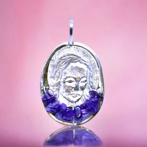 New Natural Amethyst Handmade Madonna Pendant in Solid Sterling Silver